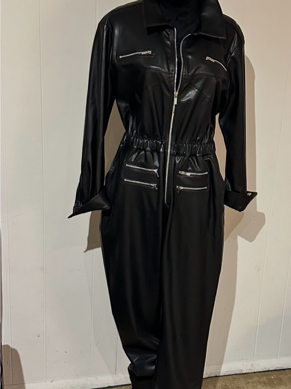 Black Faux Leather Zip-Front Women's Dress